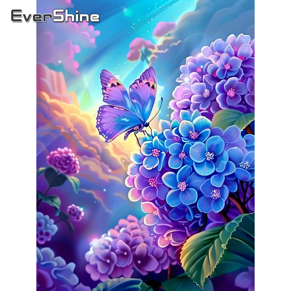EverShine Diamant-Mosaik Blumenbild Vollquadratisch Hortensien Strass-Bild Stickerei Schmetterling Handgemachtes Geschenk