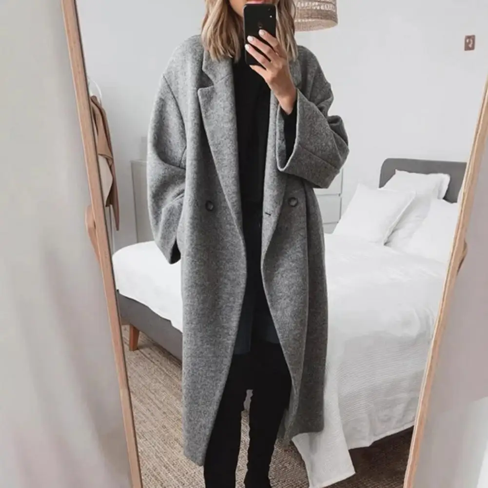 

Women Cardigan Outerwear Elegant Women's Woolen Jacket with Turn-down Collar Double Button Closure Stylish Mid for Commuting