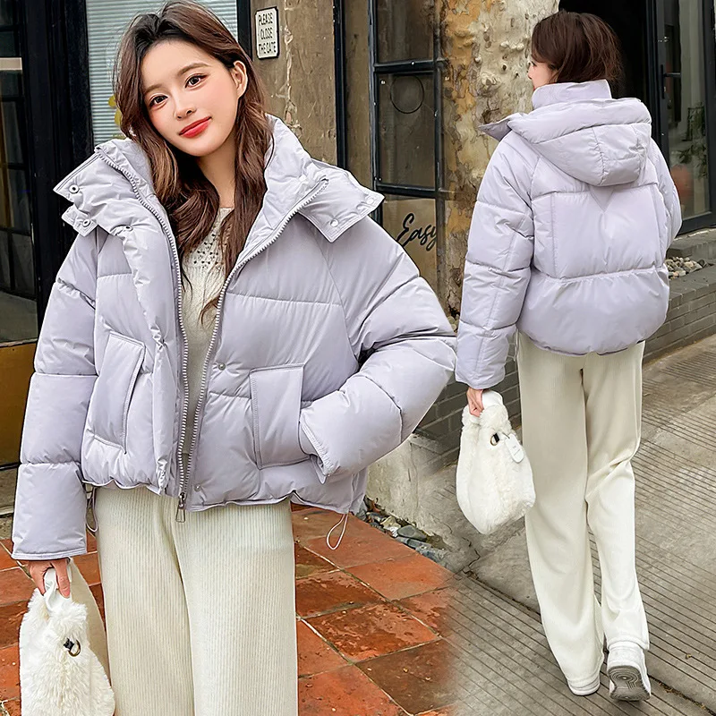 Women Parkas Coat Hooded Short Jacket Solid Zipper Pocket Drawstring Long Sleeve Thick Loose Fit Office Lady Casual 2025 Winter