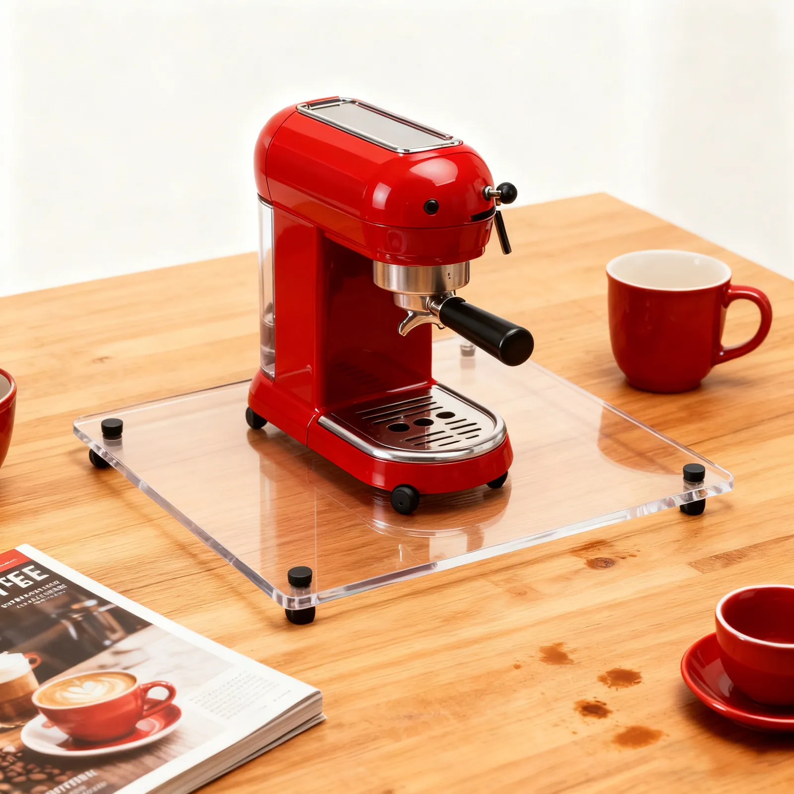 Coffee Machine Sliding Tray 13.6x13x0.9 Acrylic Appliance Slider for Coffee Maker Under Counter Stable Silent Rubber Wheels