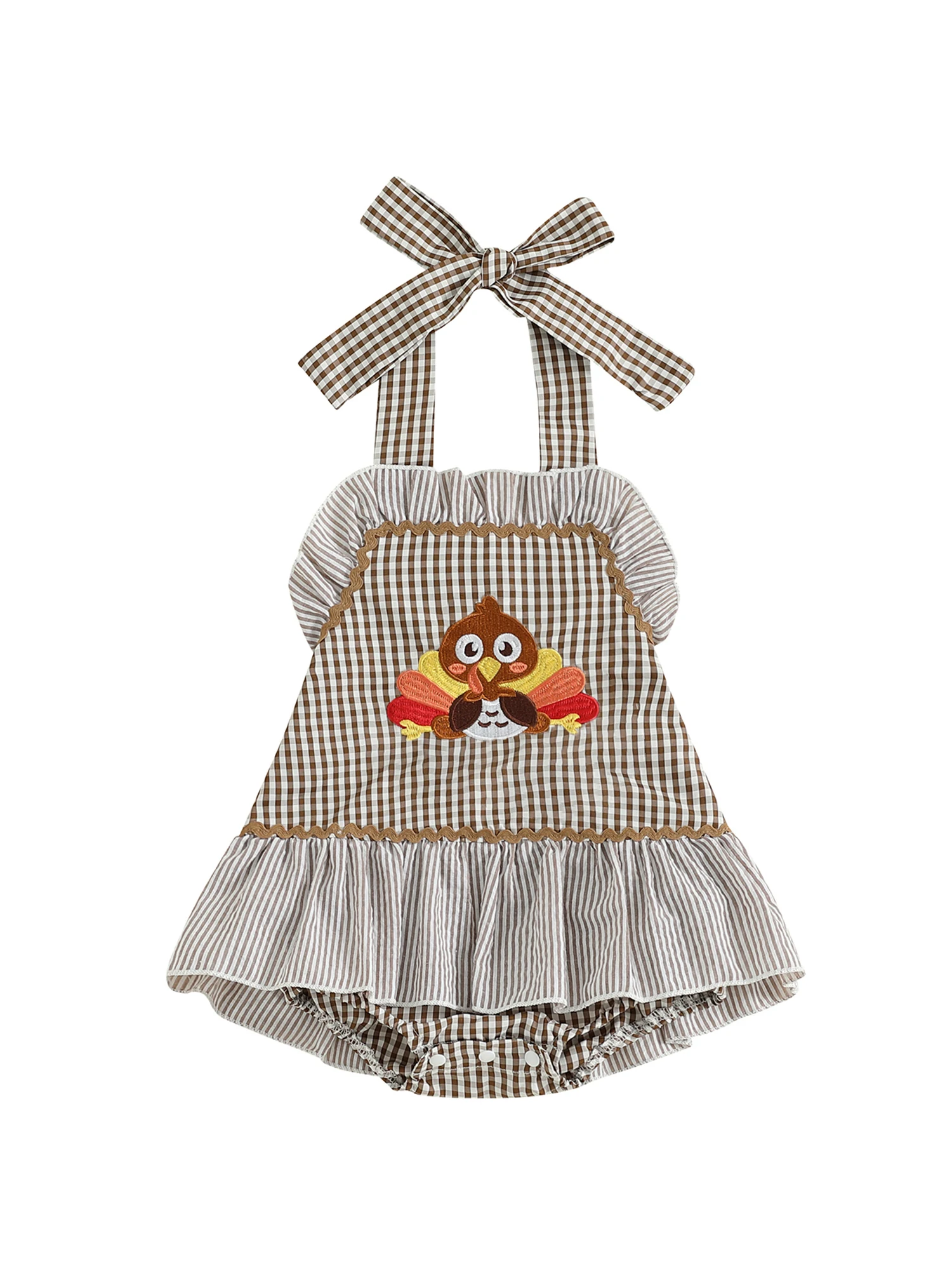

Thanksgiving Baby Girl Romper Dress with Turkey Embroidery Sleeveless Plaid Print Halter Neck Playsuit for Newborns in Fall