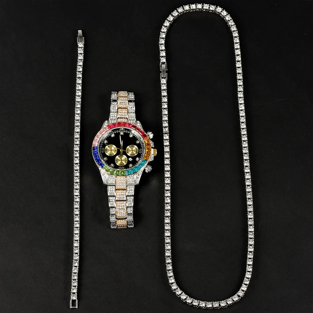 3pcs Men's Hip-hop Watch Set Trend Gold&Silver Inlaid Colorful Diamonds Watch+Tennis Chain+Bracelet Stylish Punk Jewelry Gift