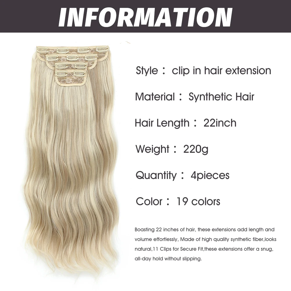 Clip In Hair Extensions 4 PCS Full Head 22 Inch Long Curly Synthetic Hair Pieces Natural Water Wavy For Women Girls Hair