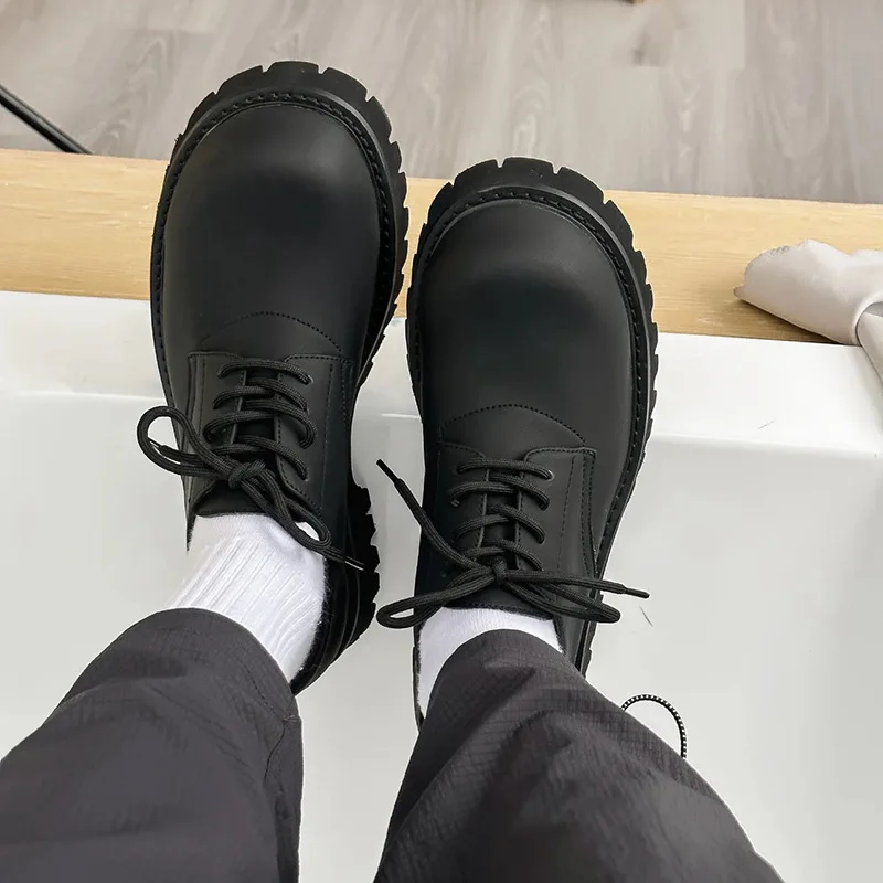 Chunk Heel Black Derby Shoes for Man and Woman Platform Leather Casual Shoes Round Toe Lace Up Unisex Footwear Zapatos Hombre