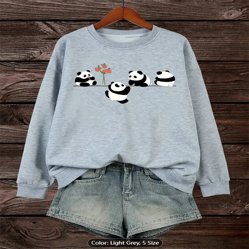 

Womens Light Grey Sweatshirt Panda Group Graphic Print Casual Oversized Pullover Top for Animal Lovers Comfortable Pure Cotton