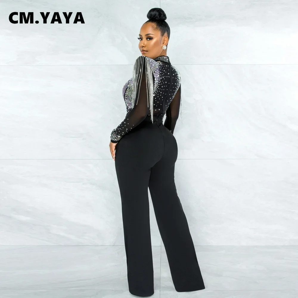 Women Jumpsuit Solid High Collar Hot Drill Mesh Shoulder Cotton Long Sleeves Long Straight Jumpsuit Sexy Party Outfits