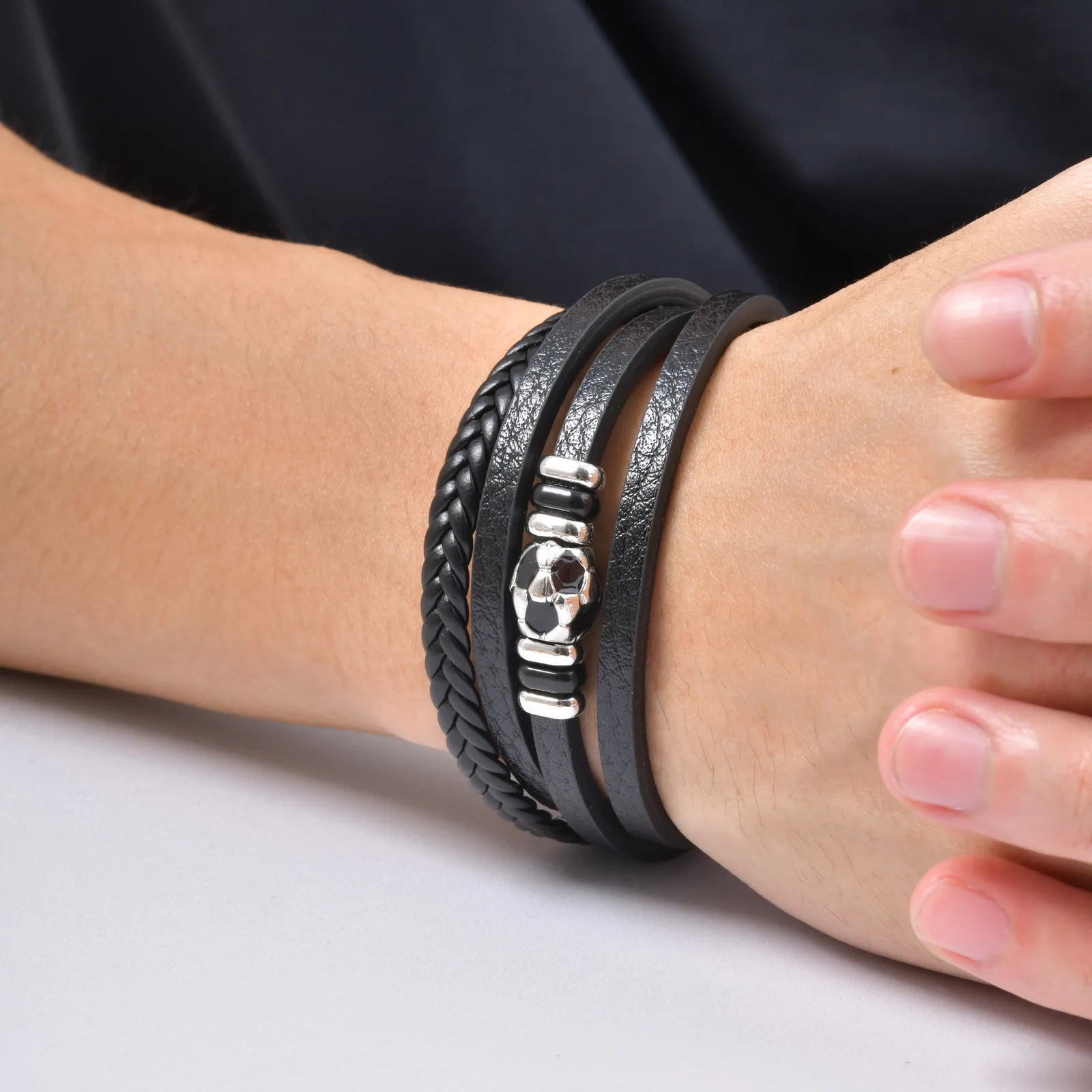 

Vnox Men's Multi Layer Leather Bracelet, Alloy Football Charm PU Leather Wristband, Trendy Stylish Bracelet Jewelry Gift for Him