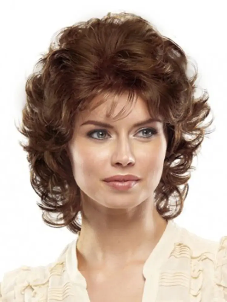 10 Inch Short Synthetic Brown Wigs With Bangs Soft Hair Daily Use Short Brown Ombre Curly Hair Costume Party