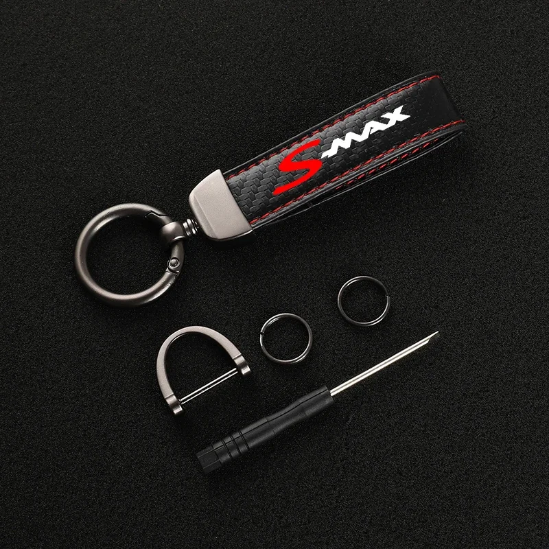 New fashion car carbon fiber leather rope Keychain key ring For Ford SMAX Car Accessories