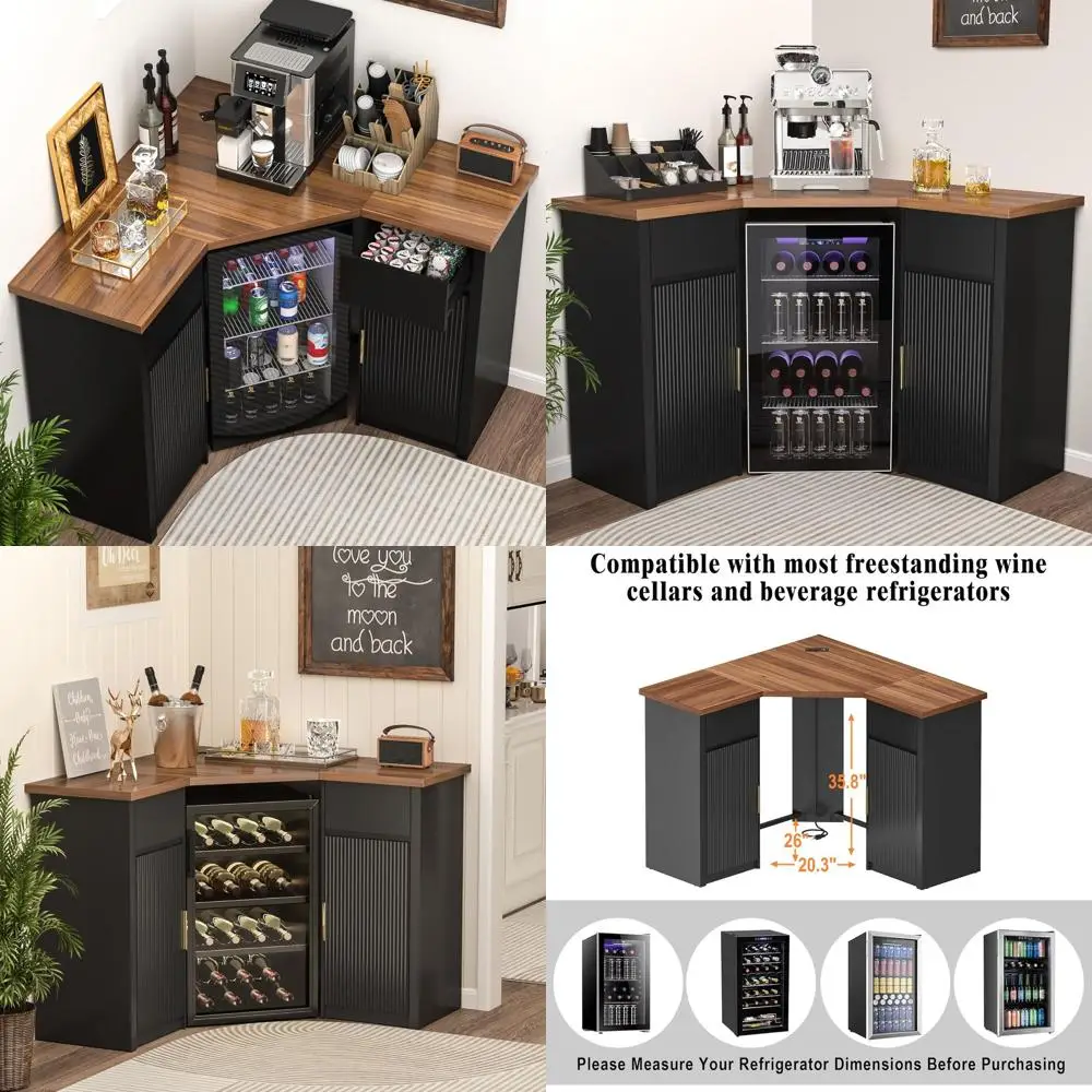 

Ridged Storage Bar Cabinet, Coffee Bar Station with Shelving, L-Shaped Wine & Liquor Home Cabinet
