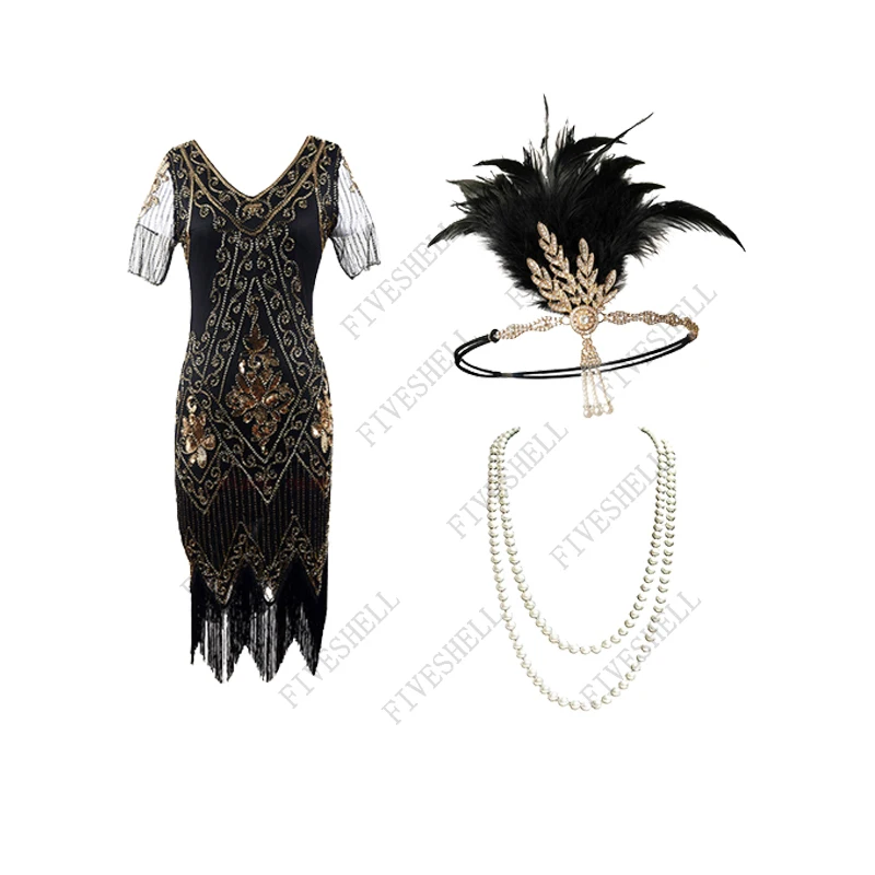 Vestido con cuentas de lentejuelas y Flapper del gran Gatsby para mujer, conjunto de accesorios para fiesta de los años 20, 1920