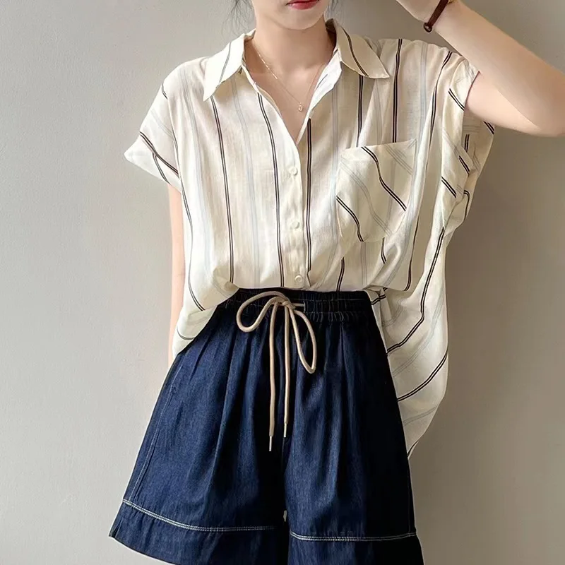 

Women's Clothing Stripe Shirt Short Sleeve Summer Thin Design Sense Off-Shoulder French Casual Elegant Stylish Versatile Light