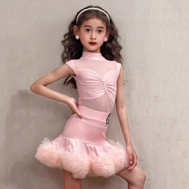 

Детское платье для латиноамериканских танцев, боди с жемчужными складками и юбка-пачка для девочек, одежда для соревнований по самбе и бальным танцам для женщин