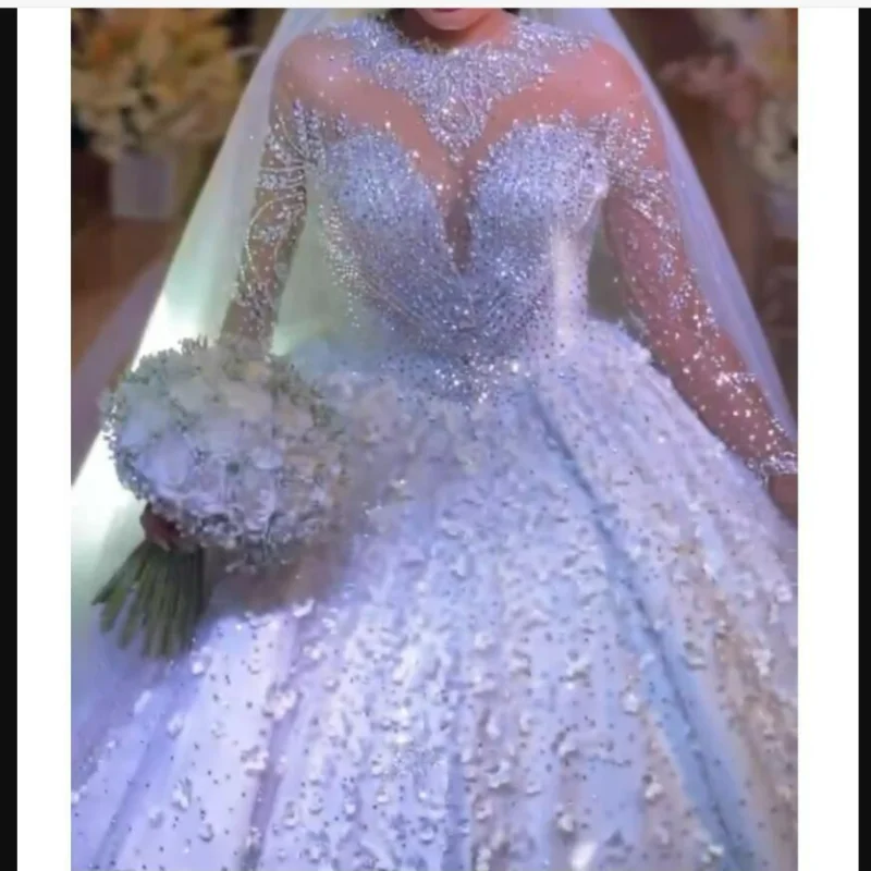 

Бальное платье с блестящими стразами и бусинами по индивидуальному заказу, свадебное платье с цветами ручной работы, халат De Marriage, свадебное платье с длинными рукавами