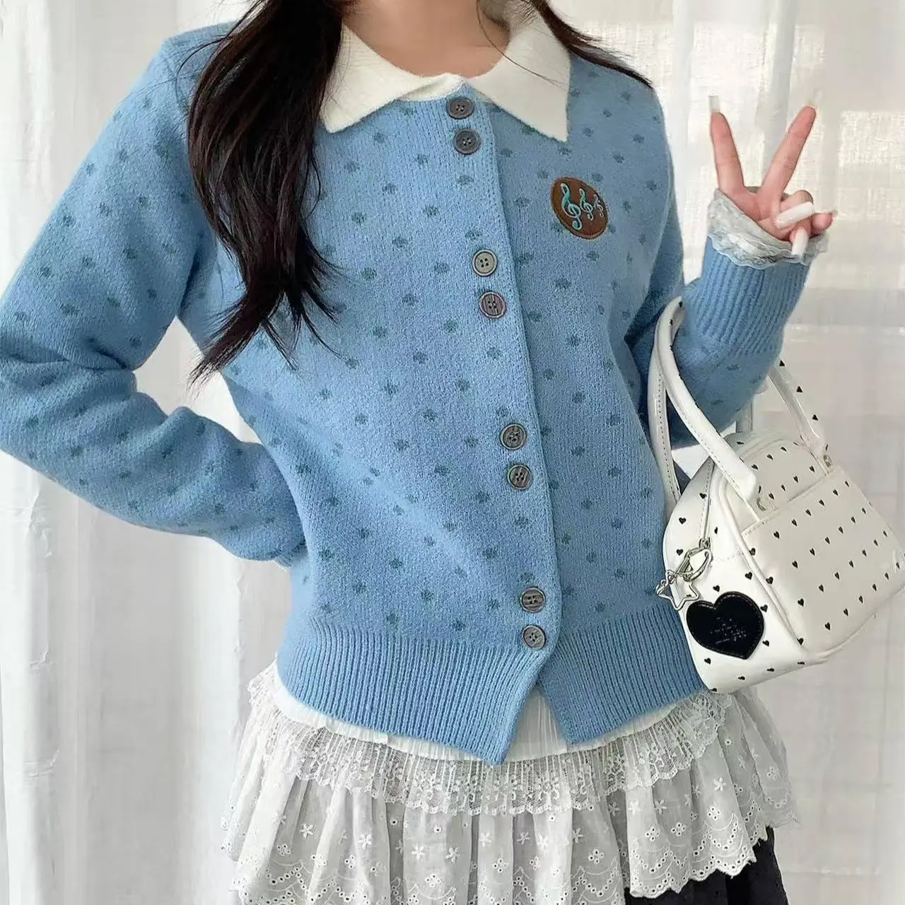 

Винтажный укороченный кардиган со значком в горошек, женский вязаный свитер, корейский зимний топ для девочек, кавайные свитера для женщин