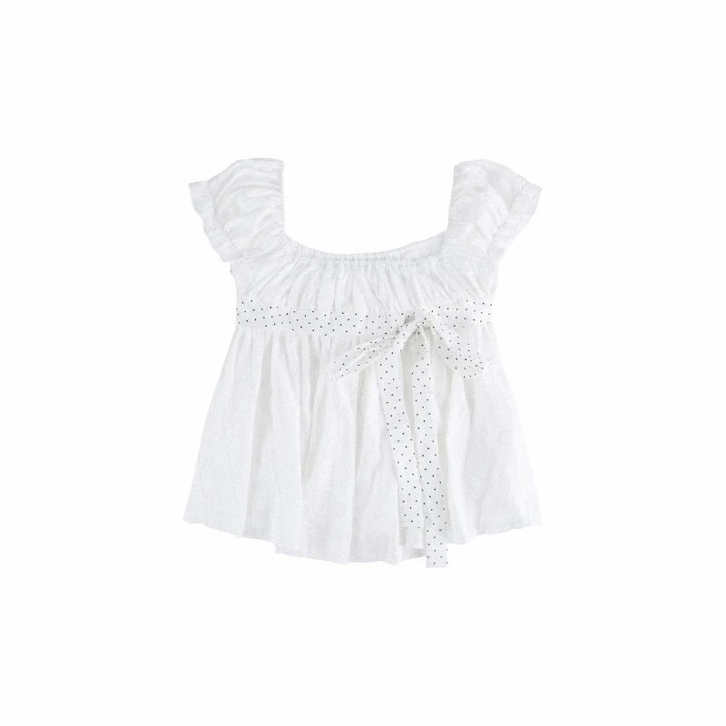 Coquette Sweet Korean Polka Dot Two Piece Set Women Puff Sleeve Bow Crop Top High Waist Ruffle Cake Shorts Casual Wear 2026 - view 6