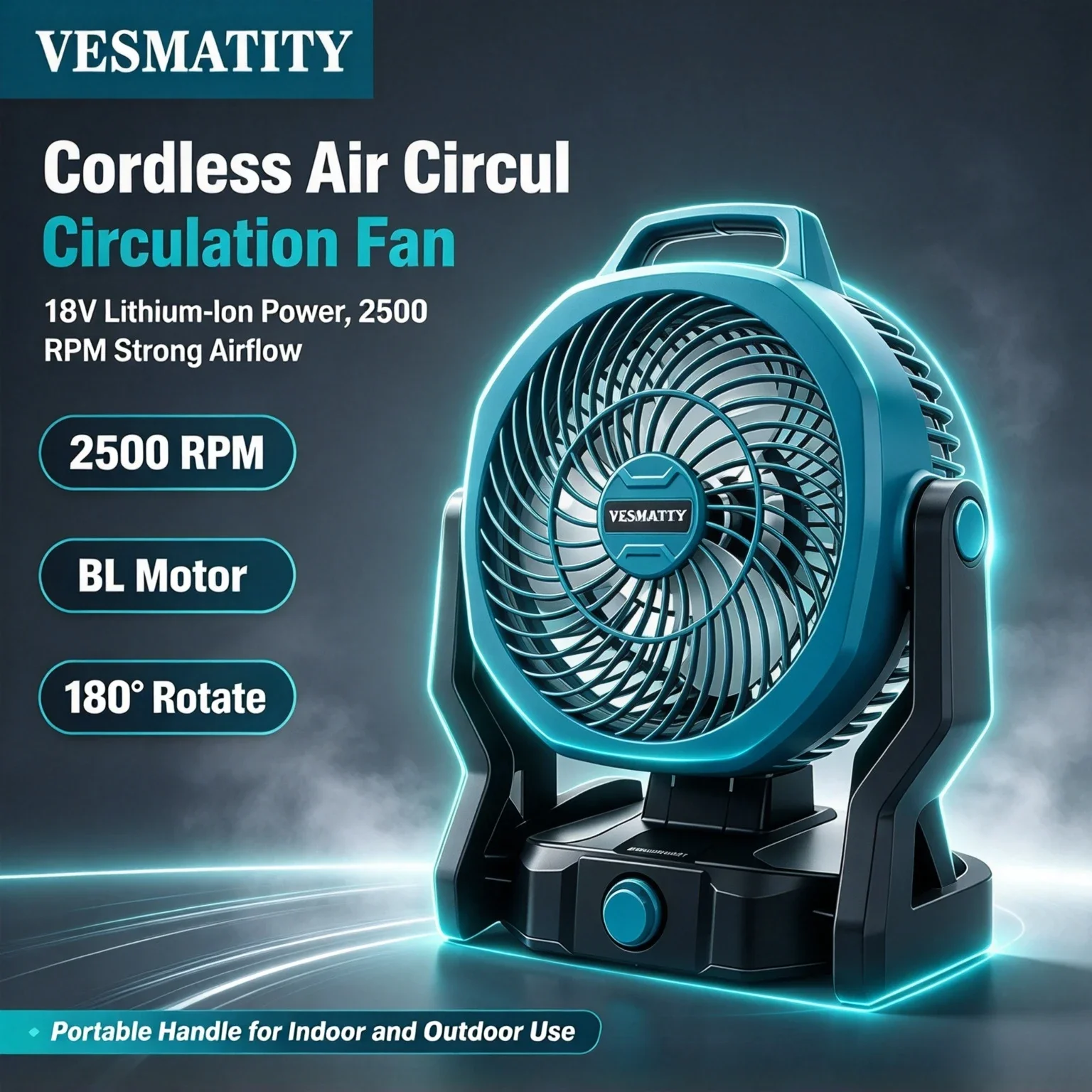 Vesmatity 8 Inch Metal Fan Cordless 18V 20V Camping Fan Portable Desktop Floor 2 Speed Strong Wind Jobsite Power Tool HD