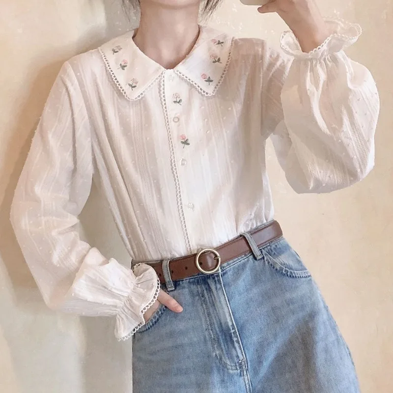 Flare Sleeve Shirts Women Elegant Stylish Embroidery All-match Sweet Temper Jacquard Popular Harajuku Spring College Tops Ins