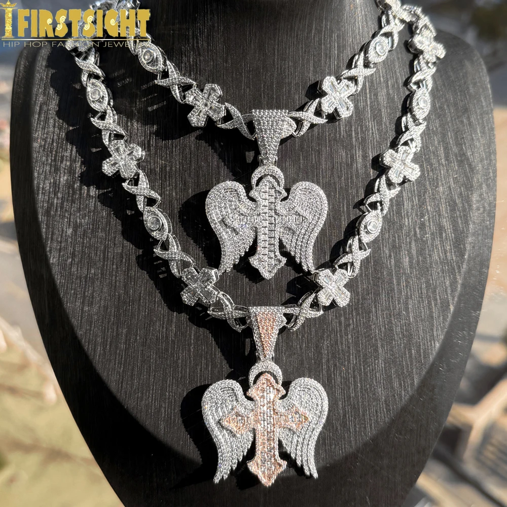 

2025 New Eye Cross Necklace Iced Out Bling Two Tone Color Cubic Zirconia Angel wing Cross Charm for Men Women Hip Hop Jewelry