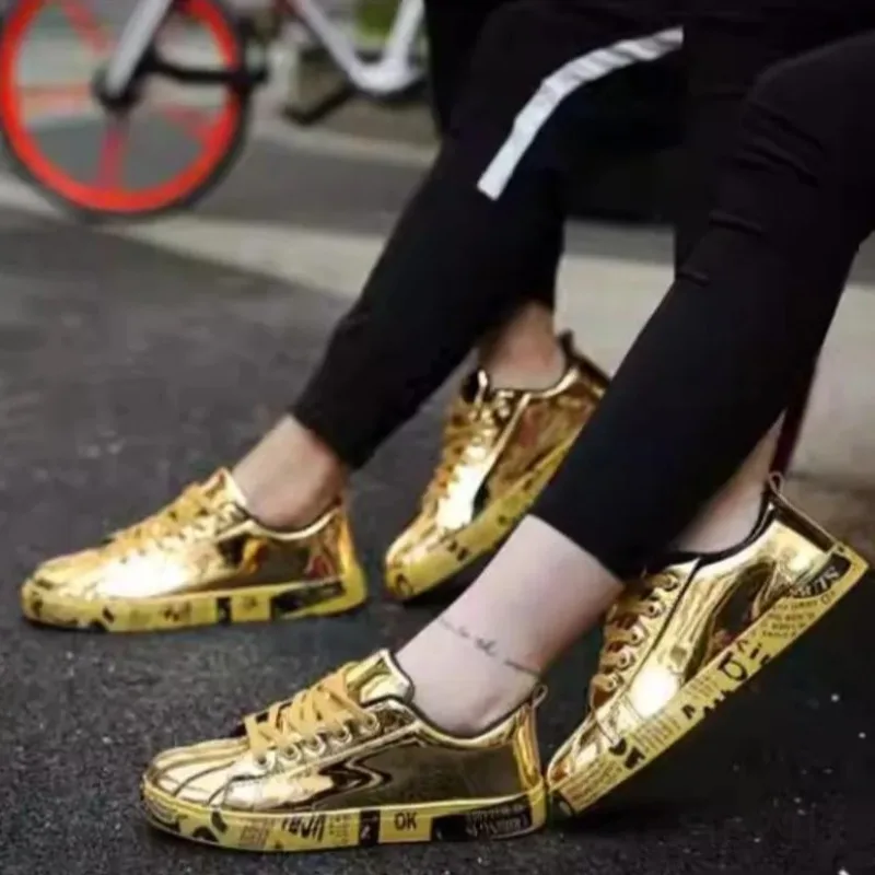 فاخر الذهب والجلود حذاء كاجوال للرجال بلينغ الهيب هوب زوجين أحذية الدانتيل يصل أحذية رياضية أحذية رجالي أحذية الشارع Zapatos De Hombre
