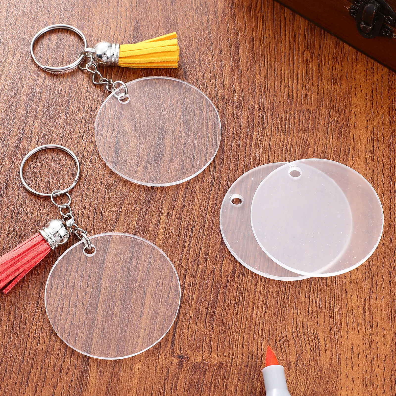 

120 pcs Acrylic Keychain Craft Blanks Set Clear Round Heart Shaped Key Ring Accessories Tassels Jump Rings Diy Projects
