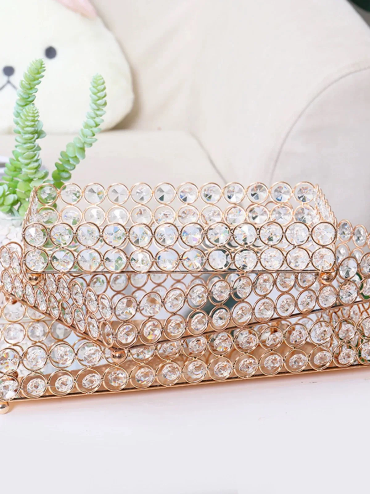 Golden Glass Mirror Tray Cosmetic Container Lipstick Necklace Desktop Shelf Storage Jewelry Metal Box Crystal Plate