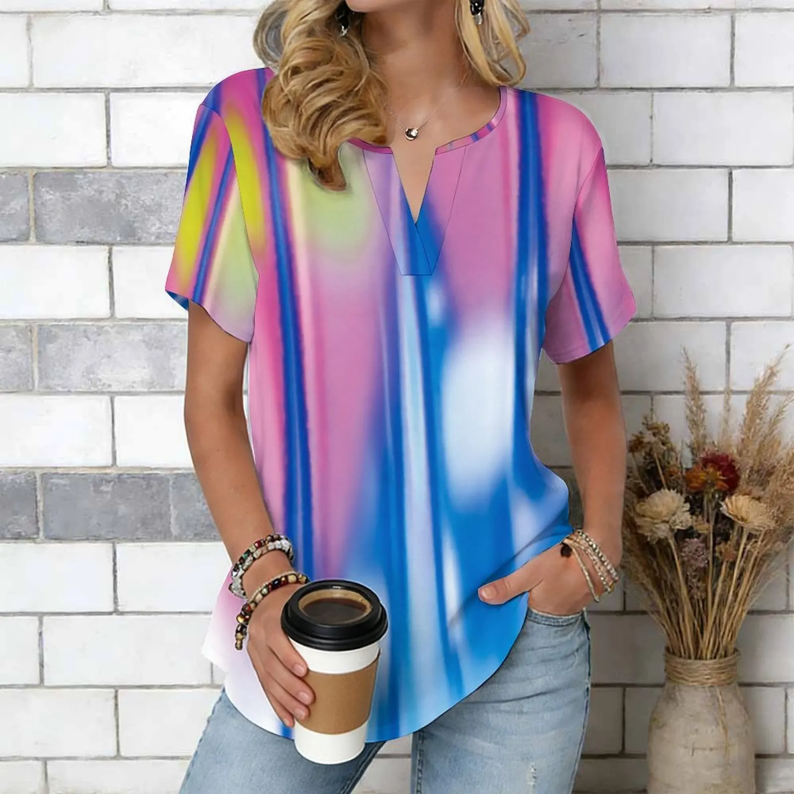 Women Print Notched V Neck Short Sleeve Casual Loose Tunic Tops