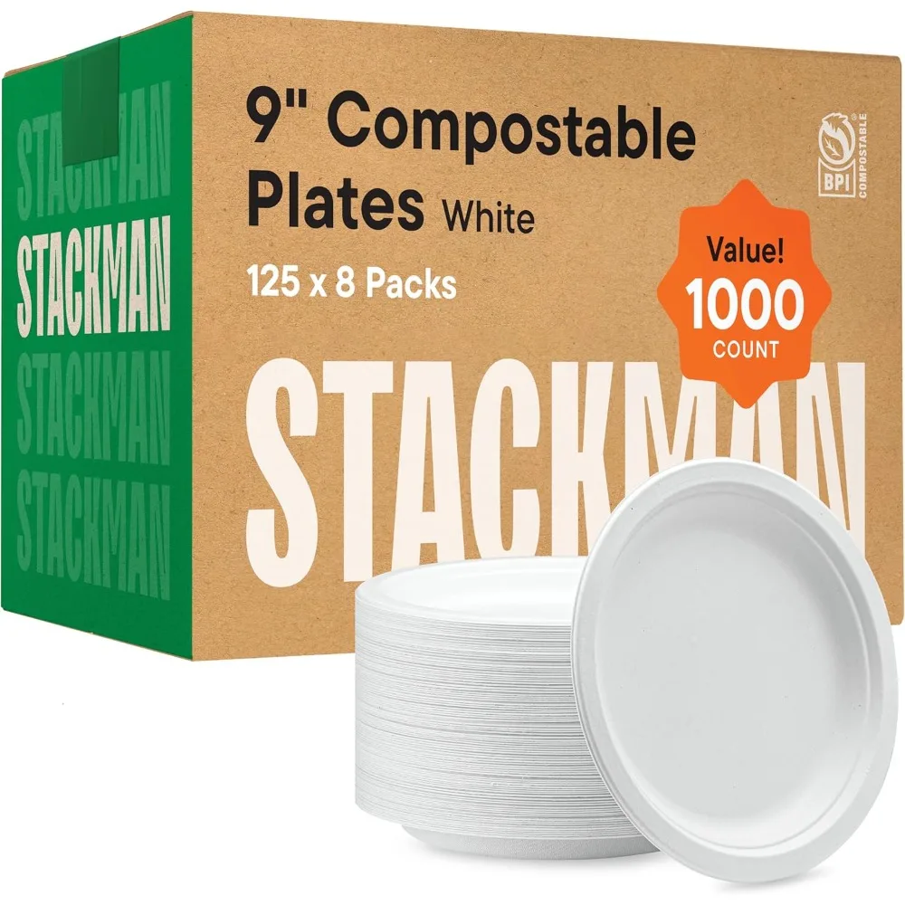 100% Compostable Paper Plates 9 Inch [500 Count],Eco Friendly Disposable Biodegradable Sugarcane Plates,[Bulk Case 4/125 Pack]