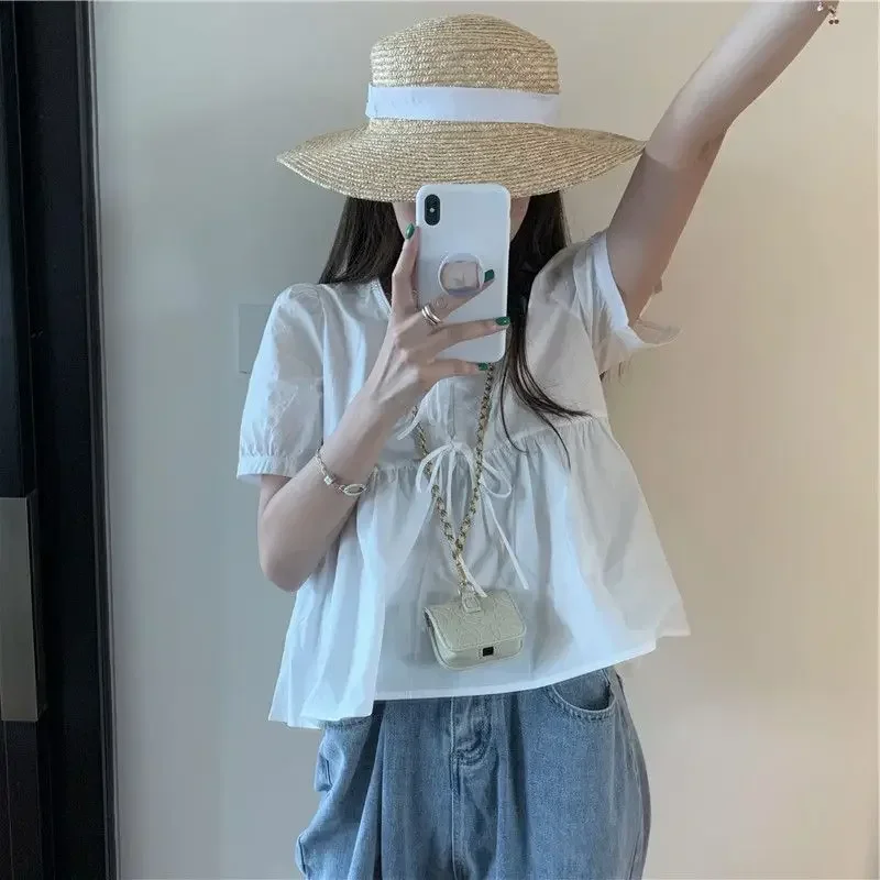 Ruffles Shirts and Blouses Korea Short Sleeve Top Women 2024 Summer Lace-up Sweet Blouses Cute Elegant Solid Sweet Folds Clothes