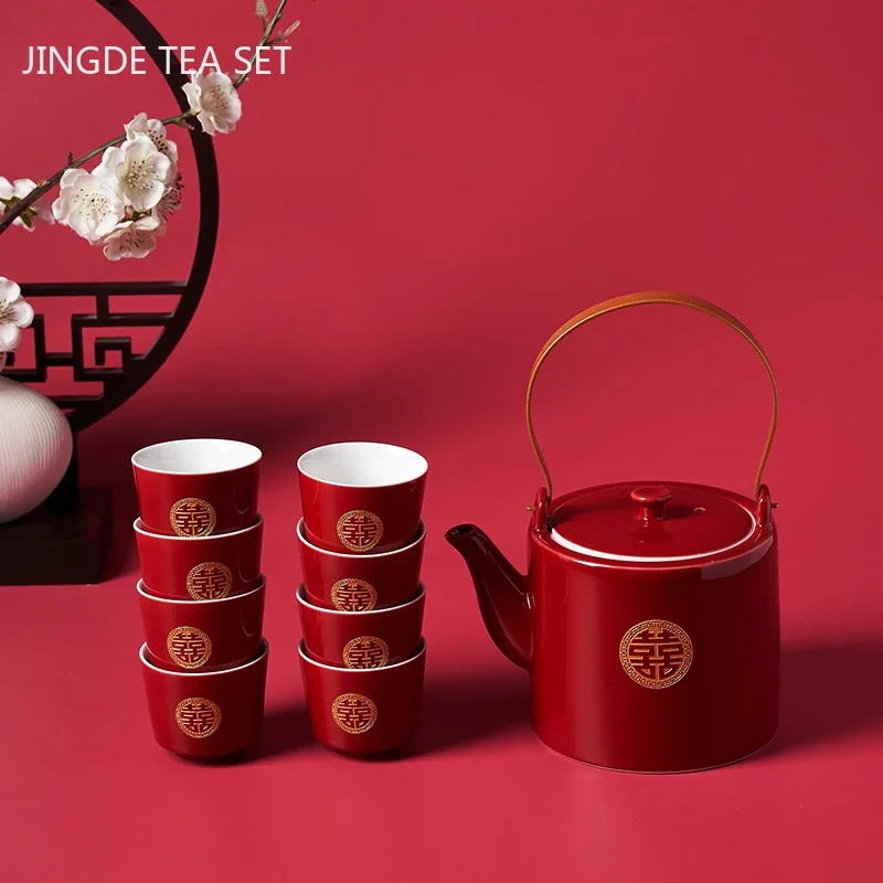 

Red Ceramic Chinese Wedding Tea Set Exquisite Porcelain Teapot and Cup Set Customized Gaiwan Teaware Gifts Home Drinkware