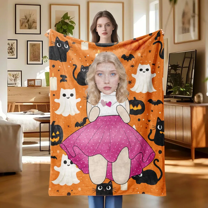 

1Pc Custom Photo Halloween Cat Flannel Blanket Suitable for Living Room Bedroom Sofa Couch Bed Decor Suitable for Halloween