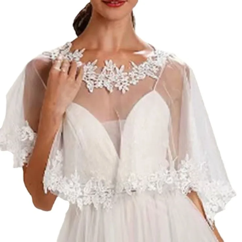 Lace Appliques Wedding Boleros Stole Tulle Short Front Long Back Bride Shrugs Bridal Capes Formal Party Coat Women Accessory