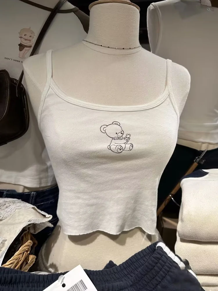 

Bear Print Slim Crop Top Women Harajuku Cute Chic White Soft Cotton Sleeveless Camis Vest Vintage Sweet Summer Tank Tops Female