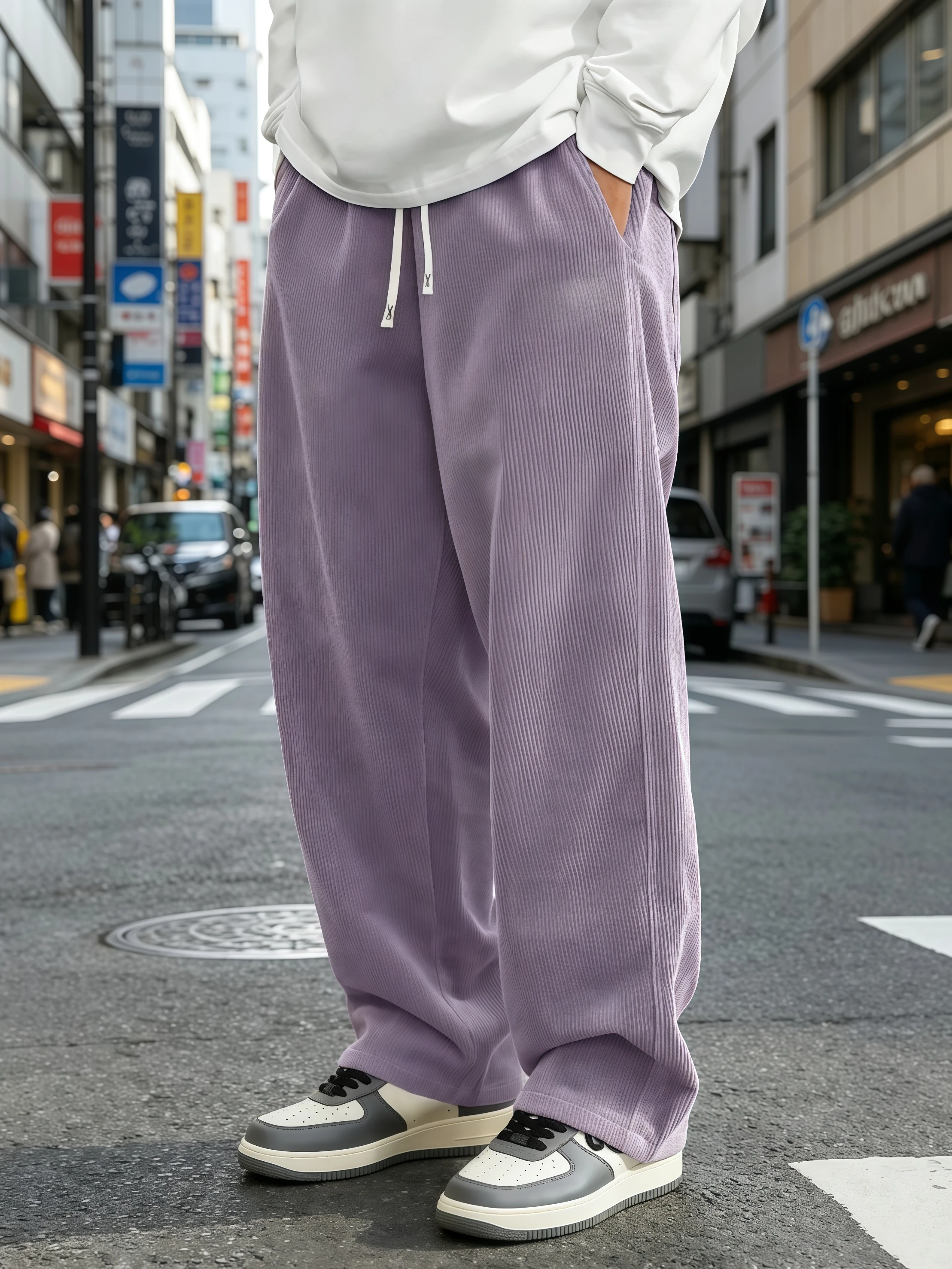 Herren Cordhose mit weitem Bein, einfarbig, lockerer Schnitt, elastischer Kordelzug, gerade geschnittene Outdoor-Streetwear-Hose S-4XL – Detail 8