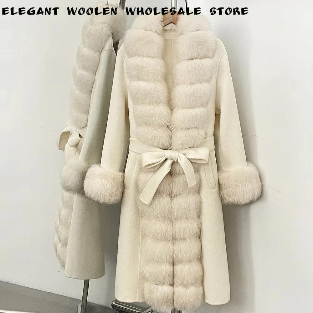 Oversized Women's Woolen Coat Elegant Soft New Arrival Long Fur Coat Double Faced Wool Belt Quiet Luxury for Everyday Fashion
