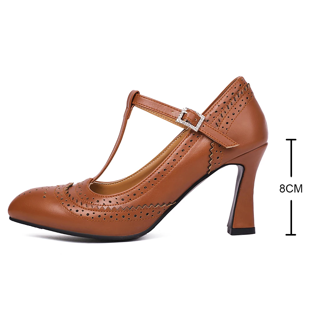 Vintage Ladies T Straps Mary Jane scarpe tacchi sottili décolleté Retro punta a punta tacchi alti primavera autunno Brogue Shoe tacchi a spillo