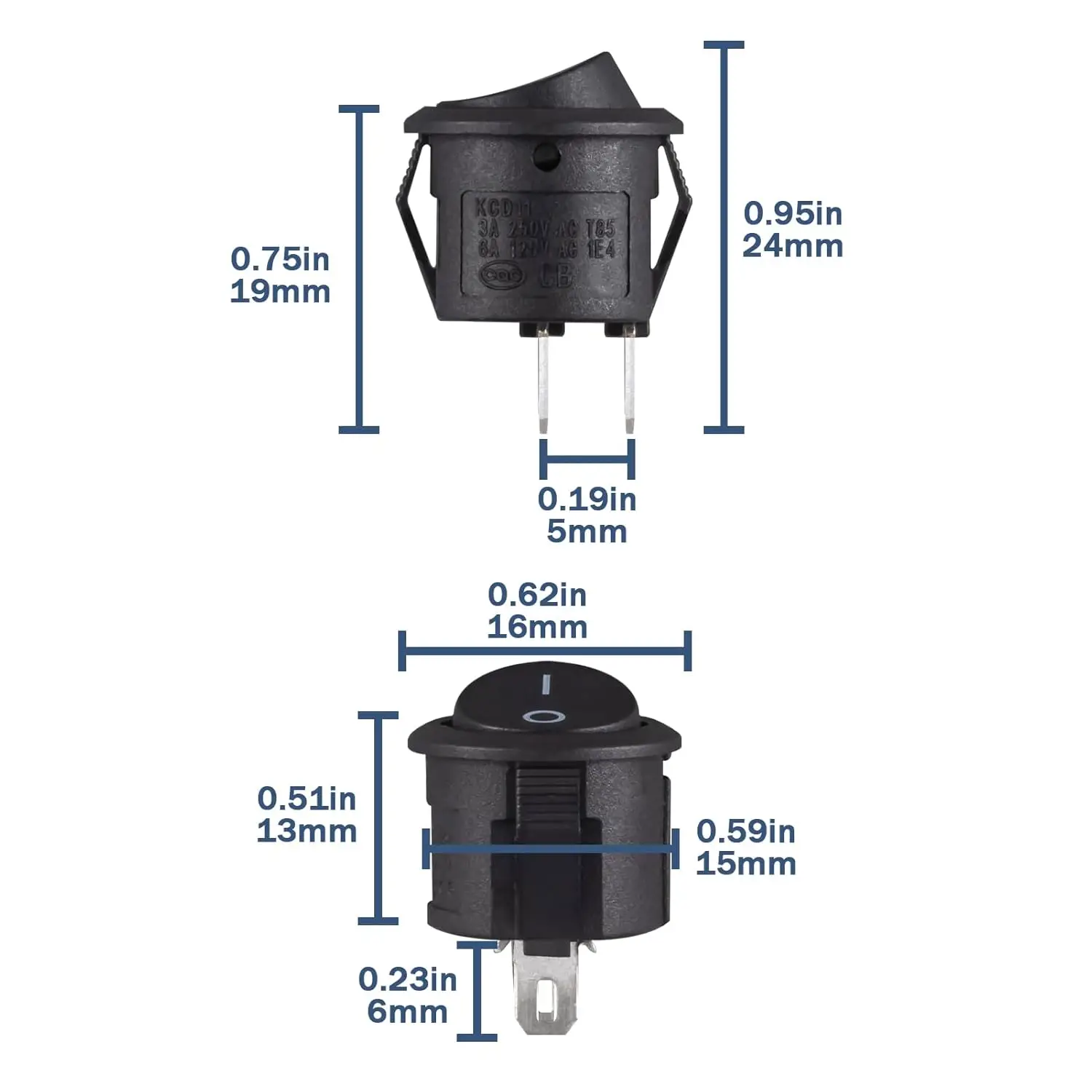 50/10 Stück Wippschalter Schwarz Ein/Aus 2-polig Mini Runder Kippschalter 3A 250V 6A 125V 15MM Kreisschalter für Wohnmobil Auto LKW Boot – Detail 3