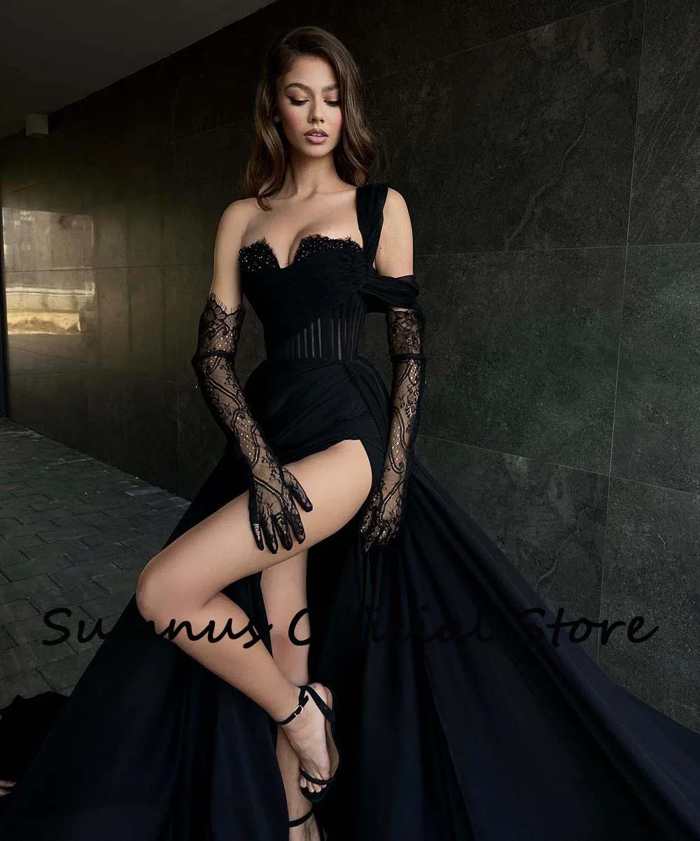 Sumnus Black Sexy Mermaid Prom Dress One Shoulder Leg Split Corset Sweetheart Evening Party Gowns Train Pageant Gown Customized