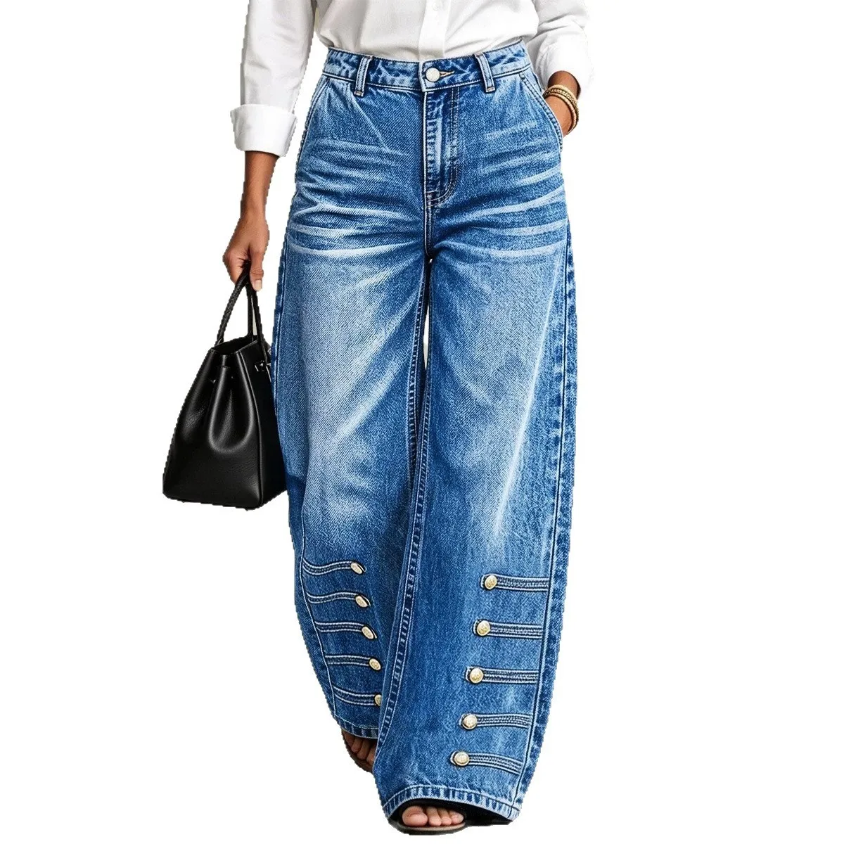 Wide Leg High Waist Jeans with Button Front American European Style Regular Thickness No Stretch Full Length Women Jeans