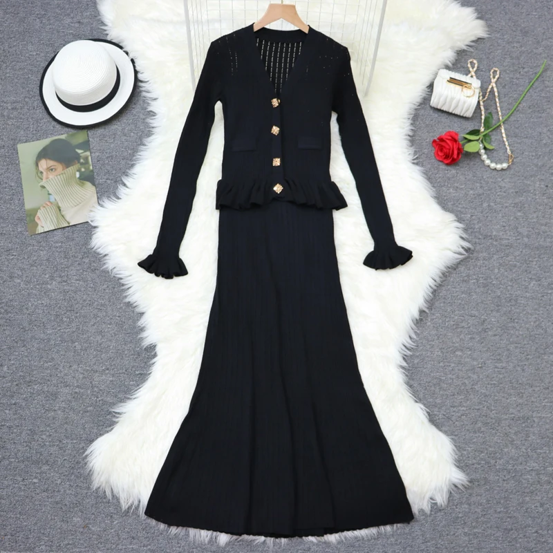 Korean Fashion Womens Knitted Skirts Suit V-Neck Cardigan Sweater + Stretch Skirt Female 2 Piece Set