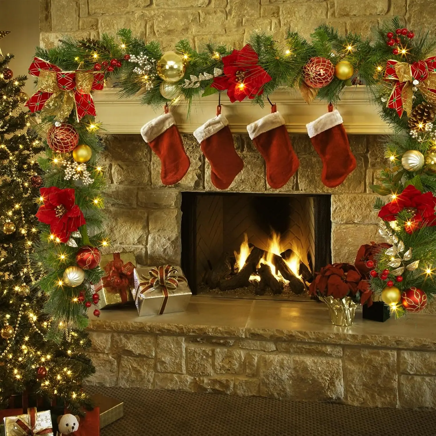 Garvee 9FT Christmas Decorations Artificial Christmas Garland in Red Gold & Silver Winter Wreath Holiday Greenery for Mantel Staircase Fireplace Indoor Outdoor Xmas Decor