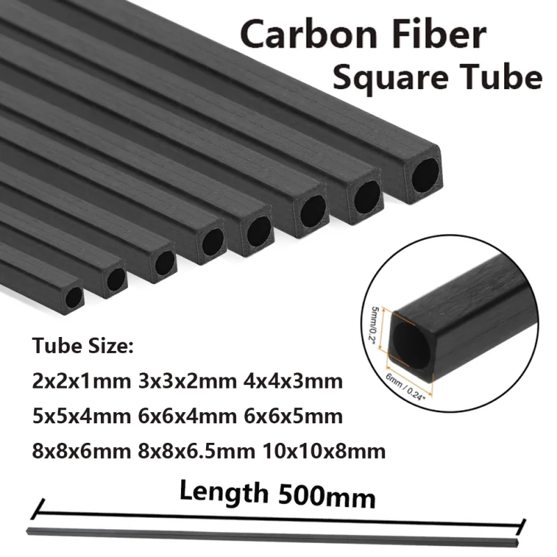 1/2/3 Stück Kohlefaser-Vierkantrohr Außendurchmesser 2mm 3mm 4mm 5mm 6mm 8mm 10mm Länge x 500mm – Detail 1