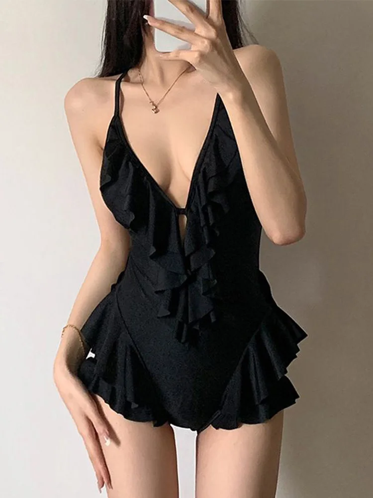 

Сексуальный корейский модный слитный купальник с глубоким V-образным вырезом для женщин, пляжный, для отпуска, бикини, новинка 2026 года, всесезонный, сексуальный слитный купальник без спинки