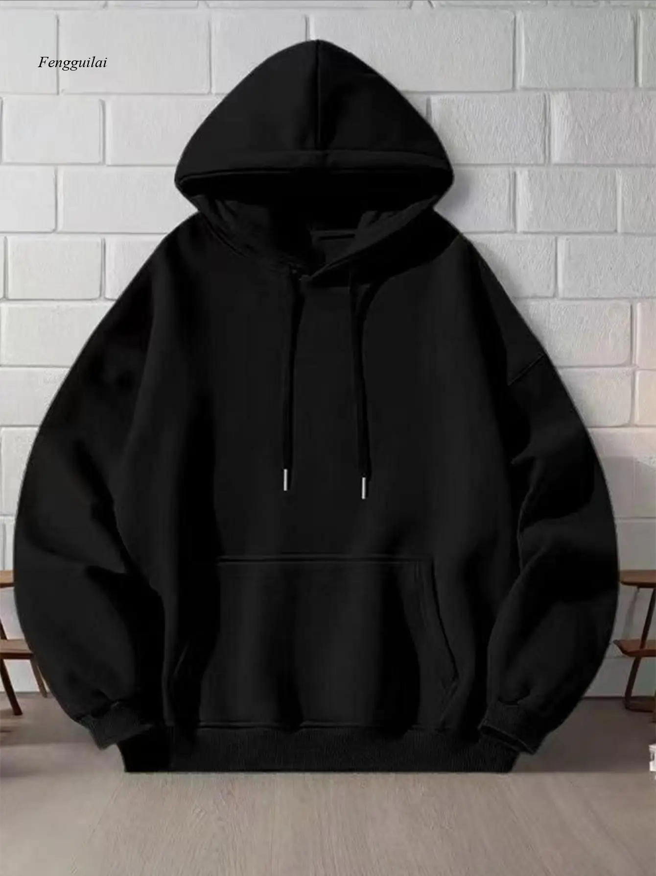 เสื้อสเวตเชิ้ตมีฮู้ดสไตล์สตรีทแบบหนา |   เสื้อสวมหัวแขนยาวบางสำหรับฤดูใบไม้ผลิและฤดูใบไม้ร่วง - เสื้อสเวตเชิ้ตสีดำขนาดใหญ่