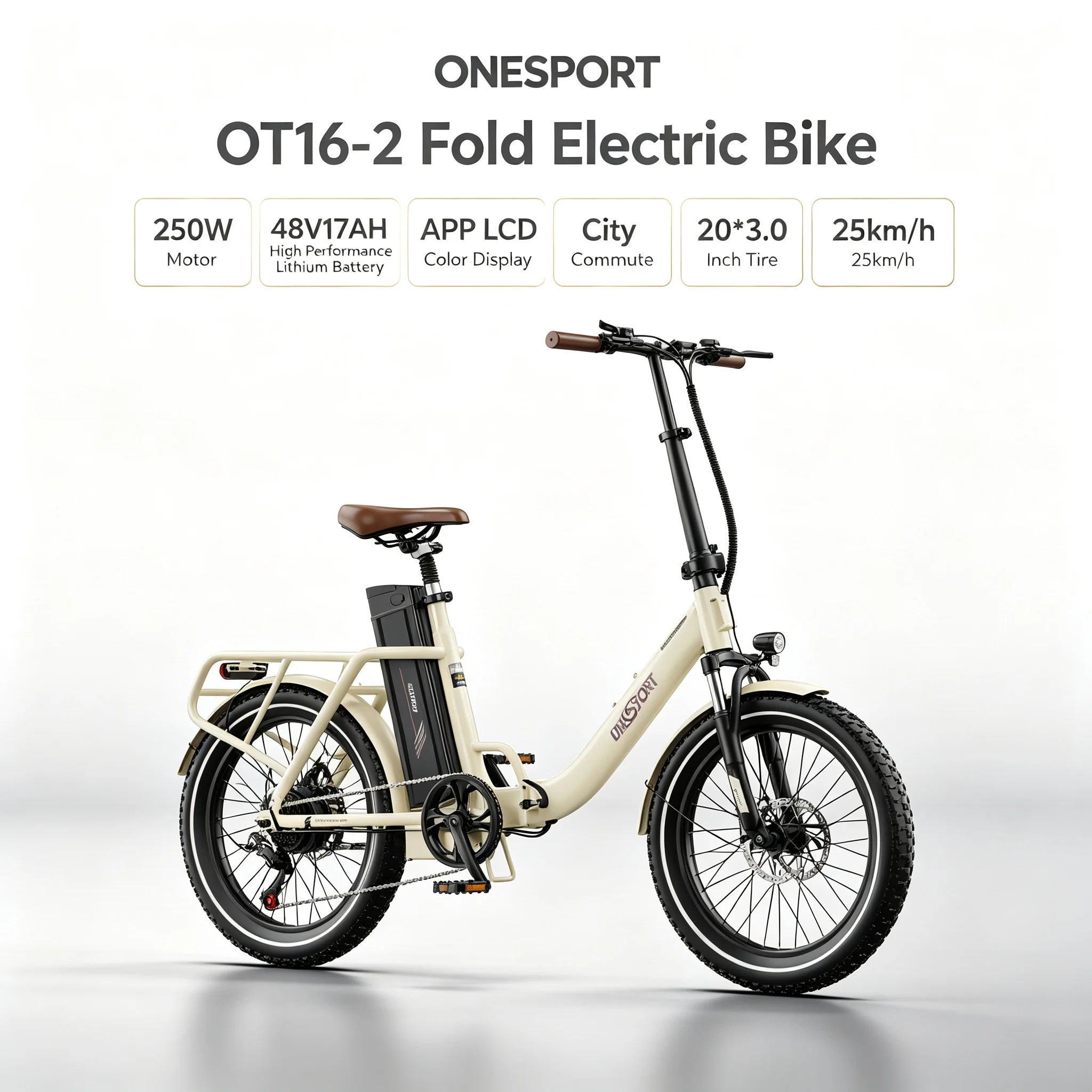 ONESPORT OT16-2 Faltbares Elektrofahrrad 250W Motor 48V17AH Hochleistungs-Lithium-Batterie APP LCD-Farbdisplay Stadtfahrrad 20*3,0 Zoll Reifen Elektrofahrrad 25km/h Elektrofahrrad