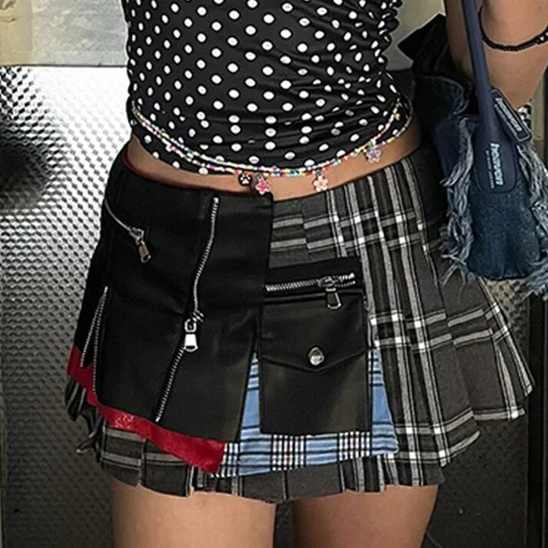 Retro High Street Punk Style Spicy Girl Design Checkered Irregular Short Skirt 2024 Summer  short pants women