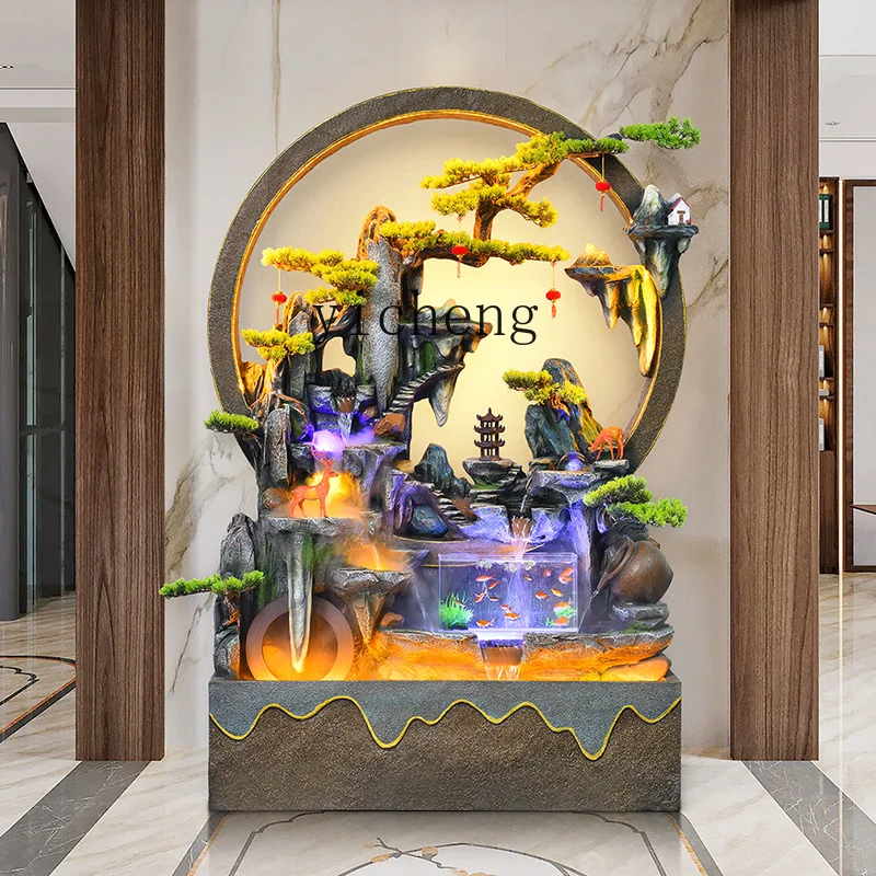 

TWR living room water curtain wall fish tank rockery flowing water fountain villa floor decoration