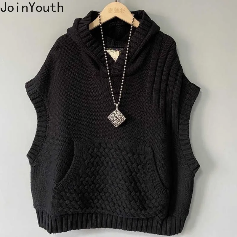 2024 Women Clothing Knitting Sweater Vest Hooded Casual Fashion Waistcoat Solid Color Casual Oversized Tops Korean Tanks Tops