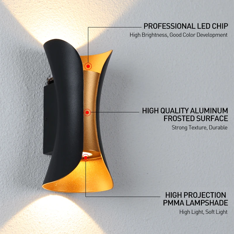 Alumínio LED Lâmpada de Parede, Luz Quente, Moderno Sconce, Impermeável, Exterior e Interior, Home Decor, Jardim, Cabeceira, Quarto, 10W