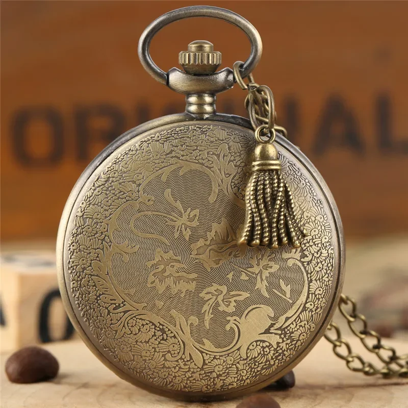 Bronze Antique Pocket Watch with Pendant Tassels Design Hollow Out Roman Number Cover Quartz Movement Necklace Chain Reloj